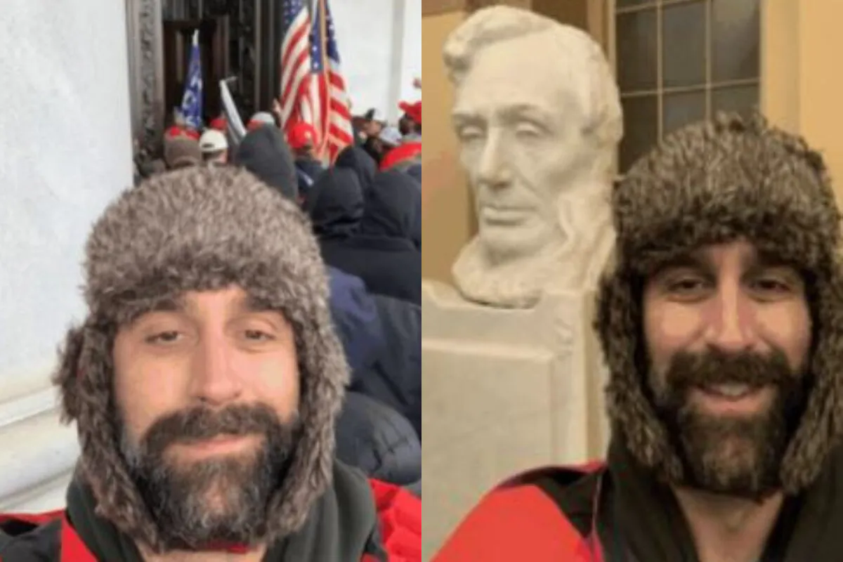 Matthew Mazzocco is seen in selfie photographs outside and inside the U.S. Capitol in Washington on Jan. 6, 2021. (DOJ)