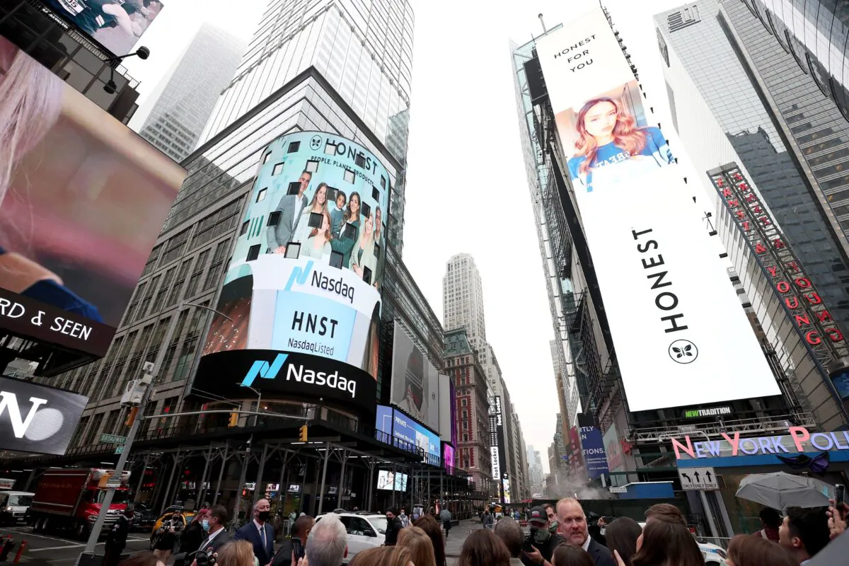 A view of Times Square is shown in New York City, on May 5, 2021. (Dimitrios Kambouris/Getty Images for The Honest Company)