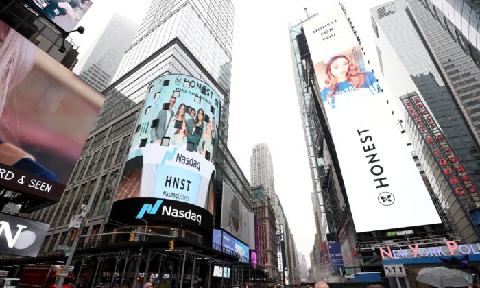 A view of Times Square is shown in New York City, on May 5, 2021. (Dimitrios Kambouris/Getty Images for The Honest Company)