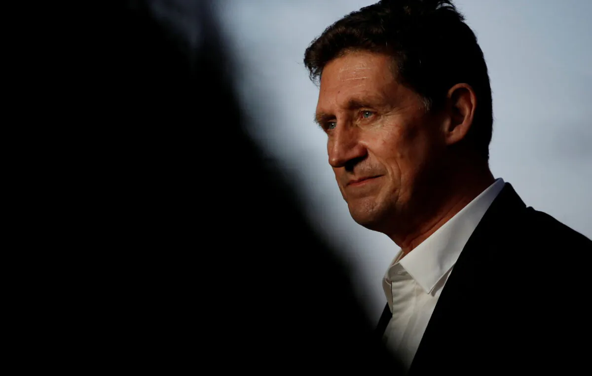 Eamon Ryan, Irish environment minister and leader of the Green Party, is seen during a television interview during the build-up to Ireland's national election in Dublin, Ireland, on Feb. 5, 2020. (Phil Noble/Reuters)