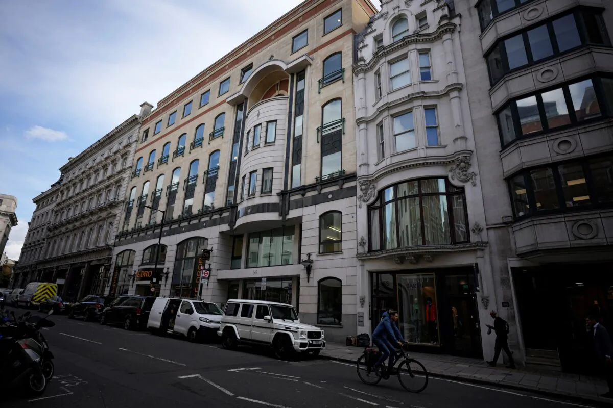 An exterior view of 56-60 Conduit Street, the property is linked to Azerbaijani President Ilham Aliyev in a new report dubbed the Pandora Papers, is shown in the Mayfair district of London, on Oct. 4, 2021. (Matt Dunham/AP Photo)