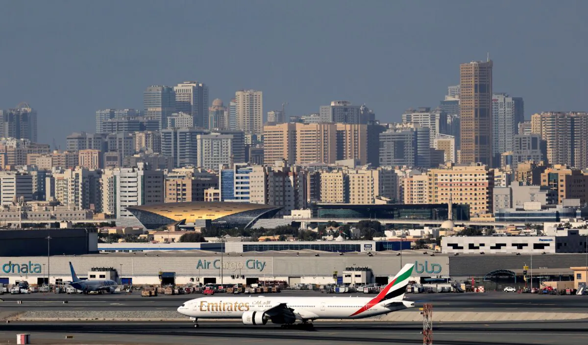 A picture shows an Emirates Airlines aeroplane at Dubai International Airport on Feb. 1, 2021. (Karim Sahib/AFP via Getty Images)
