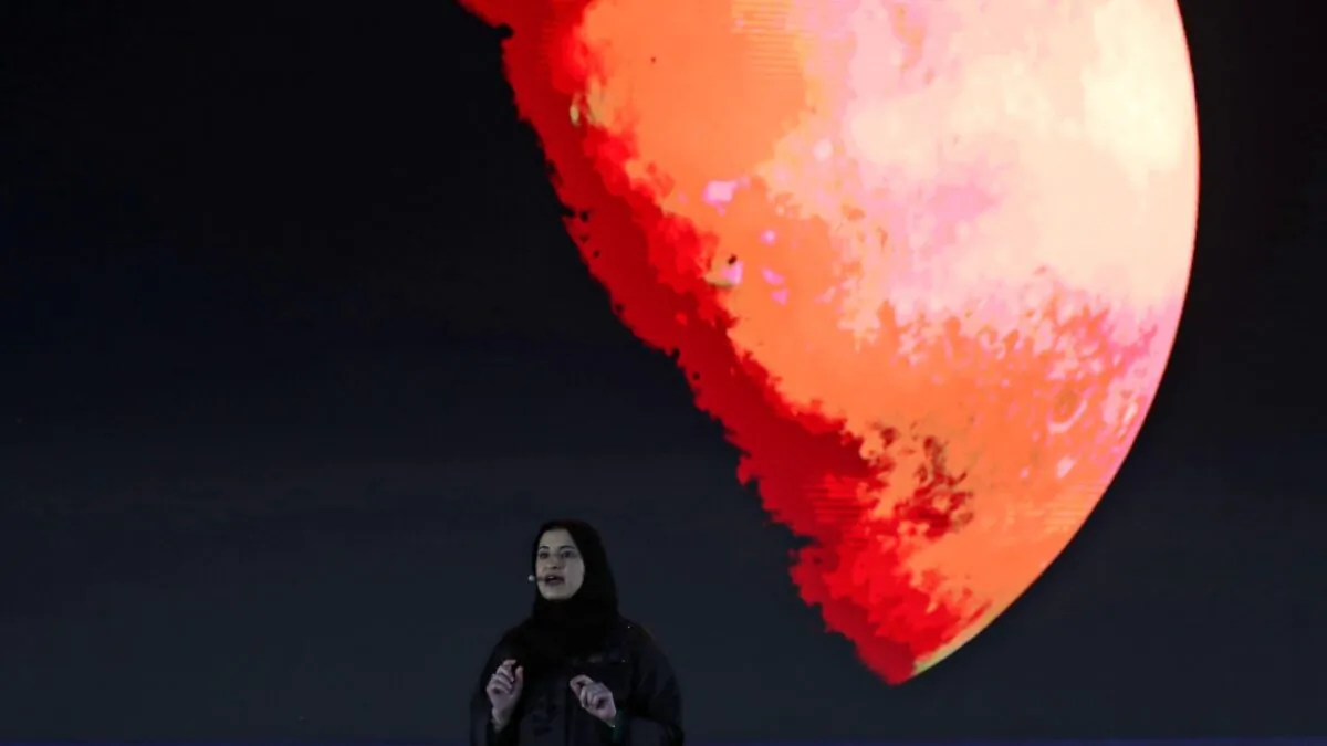 Sarah Al Amiri, Emirati Minister of State for Advanced Sciences and Deputy Project Manager of the Emirates Mars Mission, speaks ahead of a live broadcast of the Hope Probe as it attempts to enter Mars orbit, in Dubai, United Arab Emirates, on Oct. 5, 2021. (Kamran Jebreili/AP Photo)
