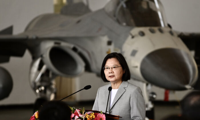 Taiwan's President Tsai Ing-wen speaks during her visit to Penghu Air Force Base in Penghu county, Taiwan, on Sept. 22, 2020. (Sam Yeh/AFP via Getty Images)