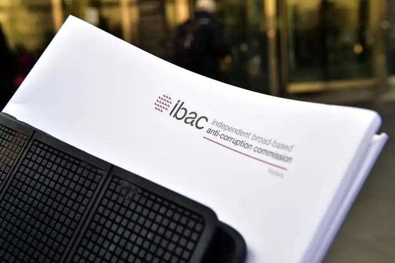 Independent Broad-Based Anti-Corruption Commission (IBAC) corporate paperwork is seen outside the County Court of Victoria in Melbourne Tuesday, April 28, 2015. (AAP Image/Julian Smith)