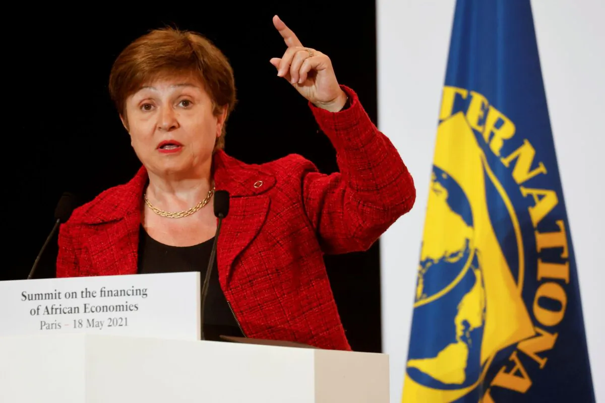 International Monetary Fund (IMF) Managing Director Kristalina Georgieva speaks during a joint news conference at the end of the Summit on the Financing of African Economies in Paris, France, on May 18, 2021. (Ludovic Marin/Pool via Reuters)
