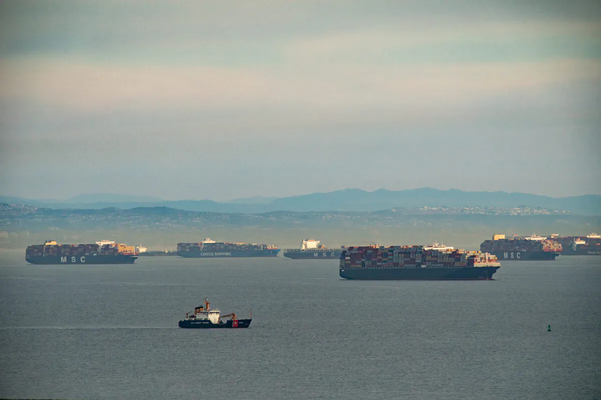 Ships await to be offloaded in the ports of Los Angeles and Long Beach on Jan. 12, 2021. (John Fredricks/The Epoch Times)
