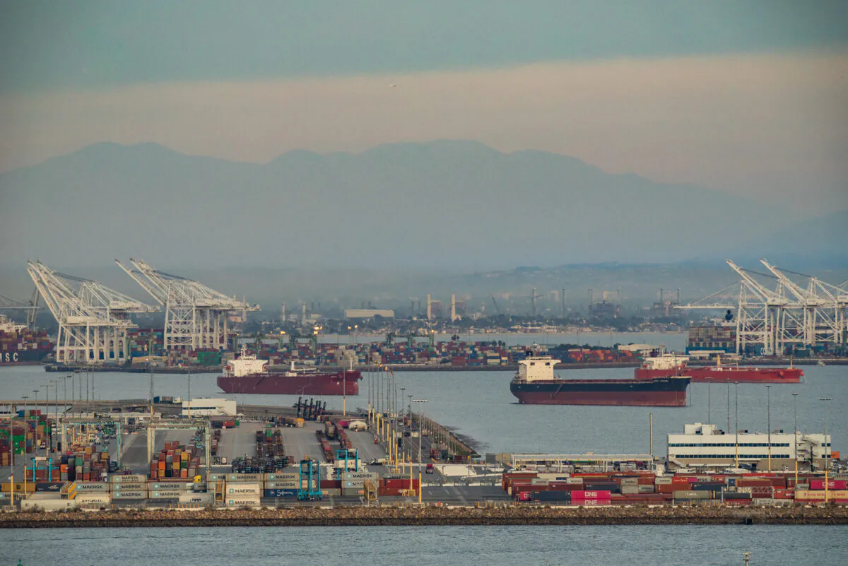 Ships await to be offloaded in the ports of Los Angeles and Long Beach on Jan. 12, 2021. (John Fredricks/The Epoch Times)