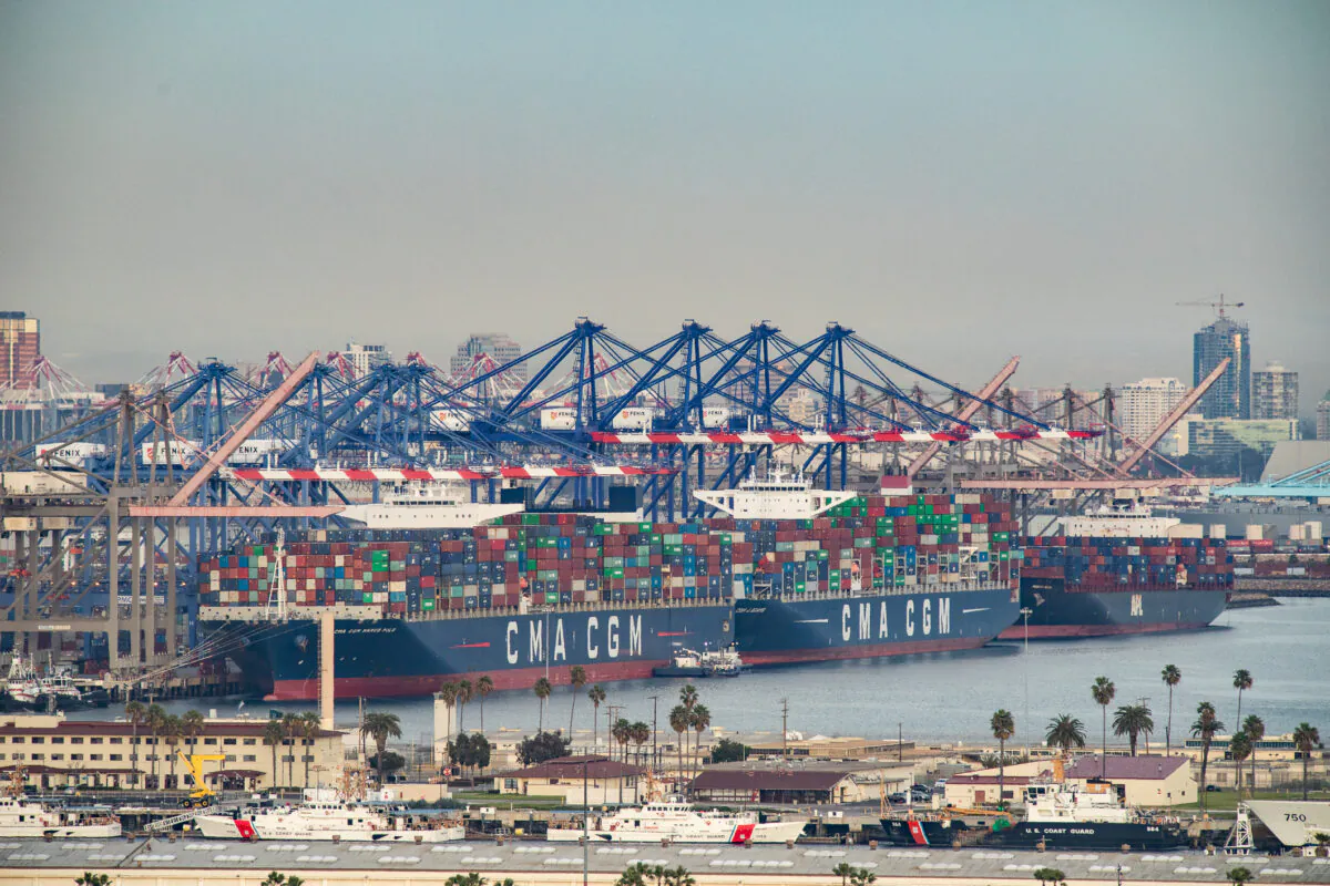 Ships wait to be offloaded at the ports of Los Angeles and Long Beach on Jan. 12, 2021. (John Fredricks/The Epoch Times)