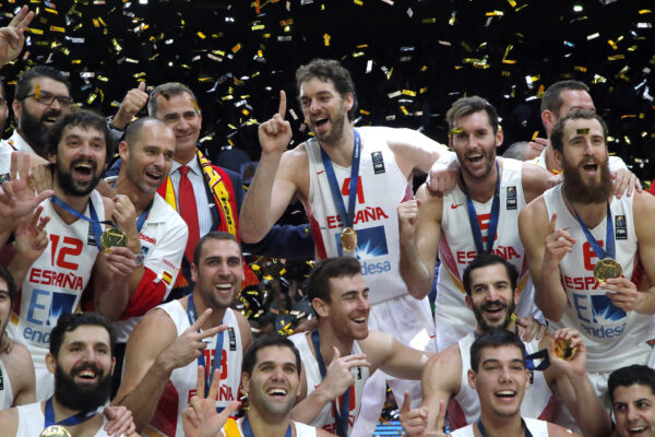 Pau Gasol of Spain, standing center, celebrates