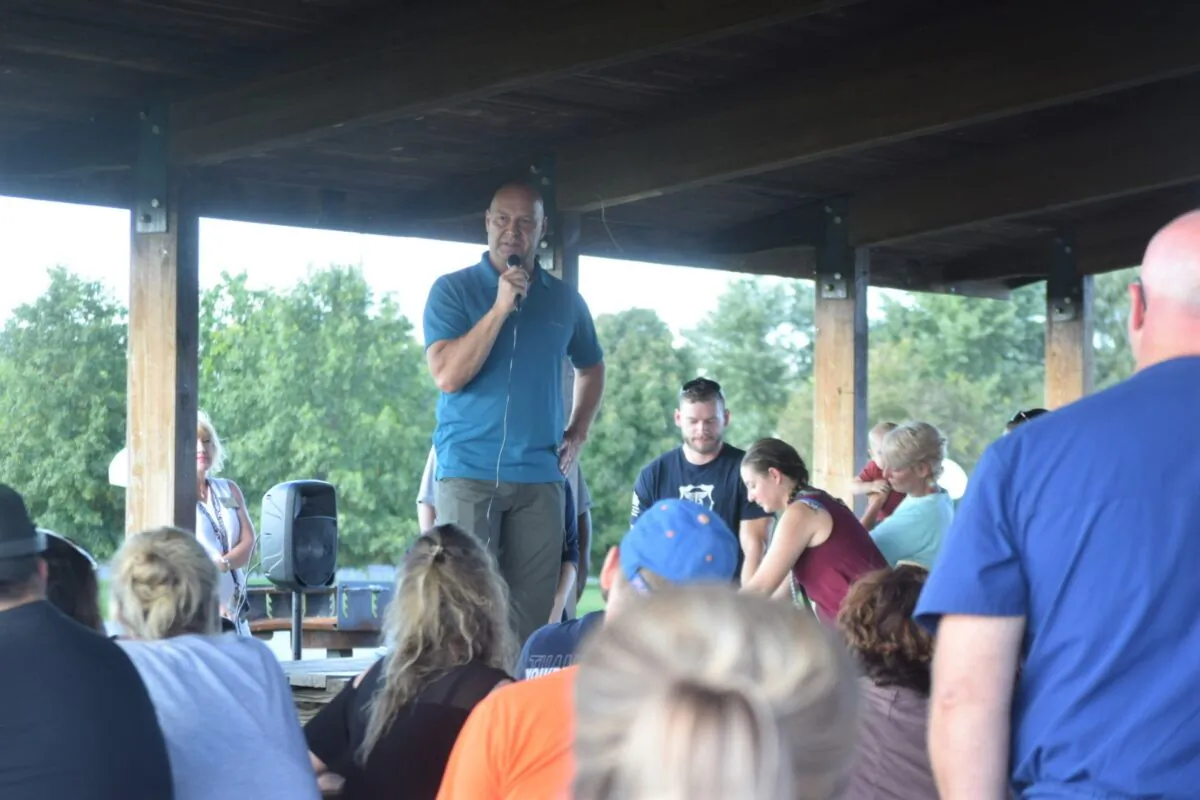 State Sen. Doug Mastriano addresses a crowd of around 350 people worried about losing their jobs due to a COVID-19 vaccination requirement in Fayetteville, Pa., on Oct. 4, 2021. (Beth Brelje/ The Epoch Times)