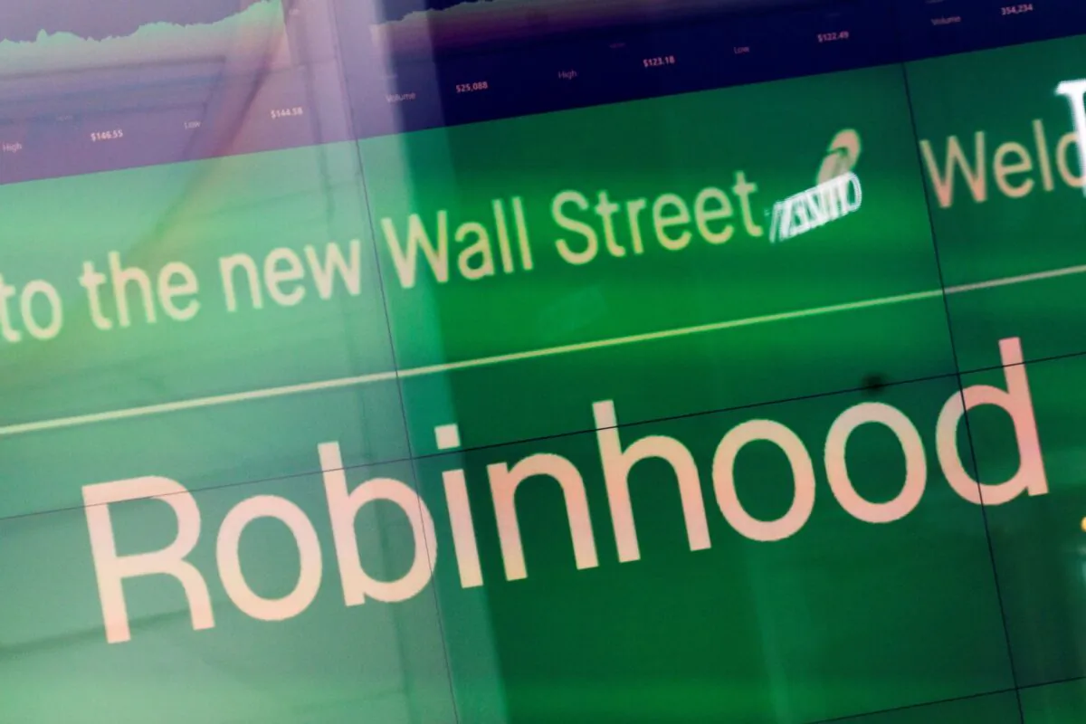 An electronic screen at Nasdaq displays Robinhood at Times Square in New York City, on July 29, 2021. (Mark Lennihan/AP Photo)