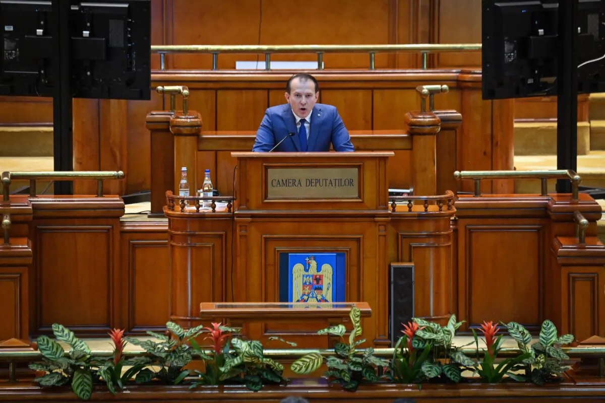Romanian Prime Minister Florin Citu address to the Romanian Parliament during a non-confidence vote session at the Palace of Parliament in Bucharest, Romania, on Oct. 5, 2021. (Daniel Mihailescu/AFP via Getty Images)