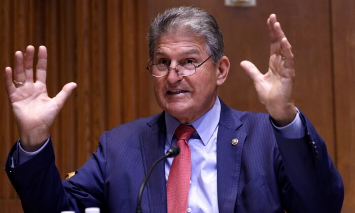 Sen. Joe Manchin (D-W. Va.) speaks during a hearing before Transportation, Housing and Urban Development, and Related Agencies Subcommittee of the Senate Appropriations Committee at the Dirksen Senate Office Building, on Capitol Hill in Washington on June 10, 2021. (Alex Wong/Pool via Reuters)