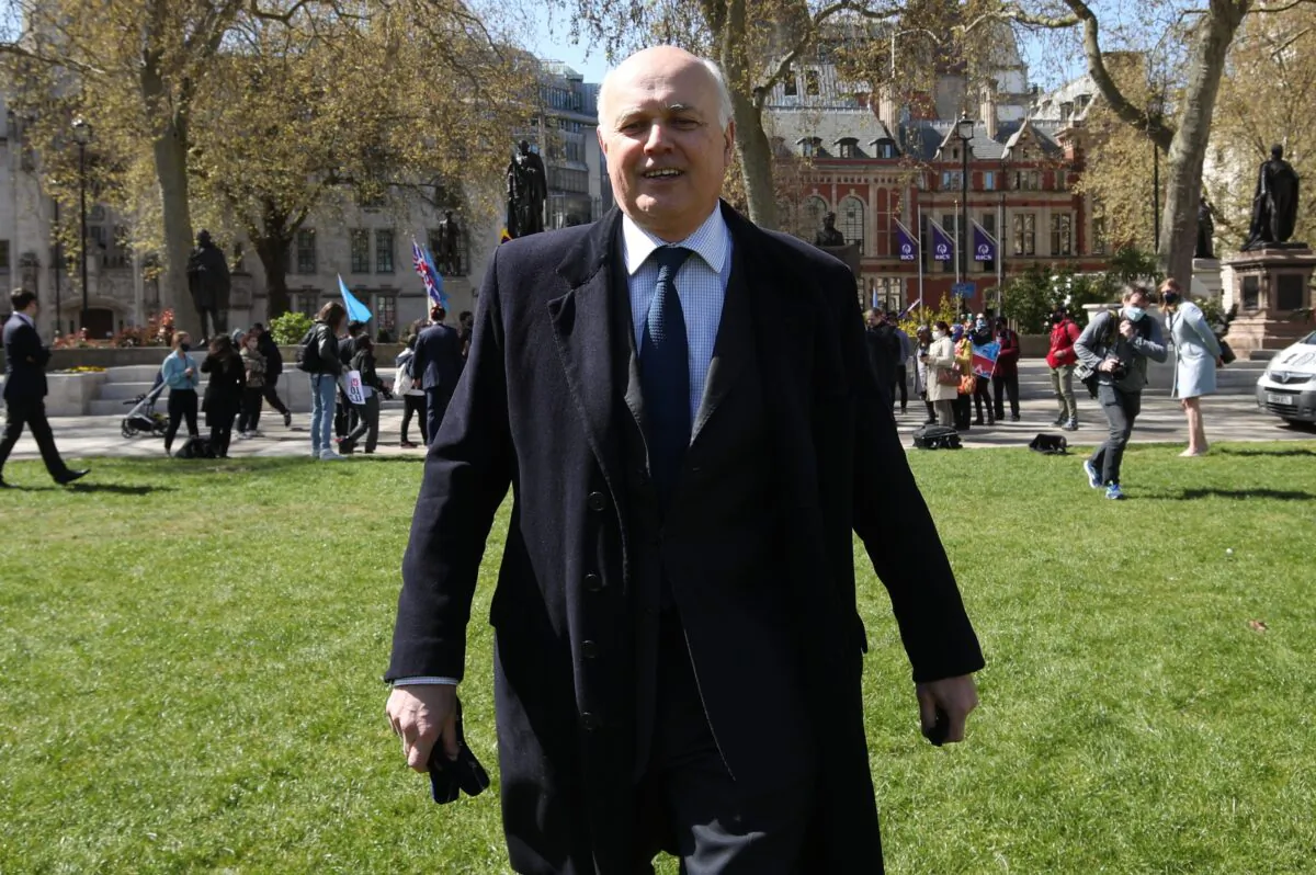 Iain Duncan Smith after he joined Uyghurs at a demonstration in Parliament Square, London, on April 22, 2021. (Yui Mok/PA)