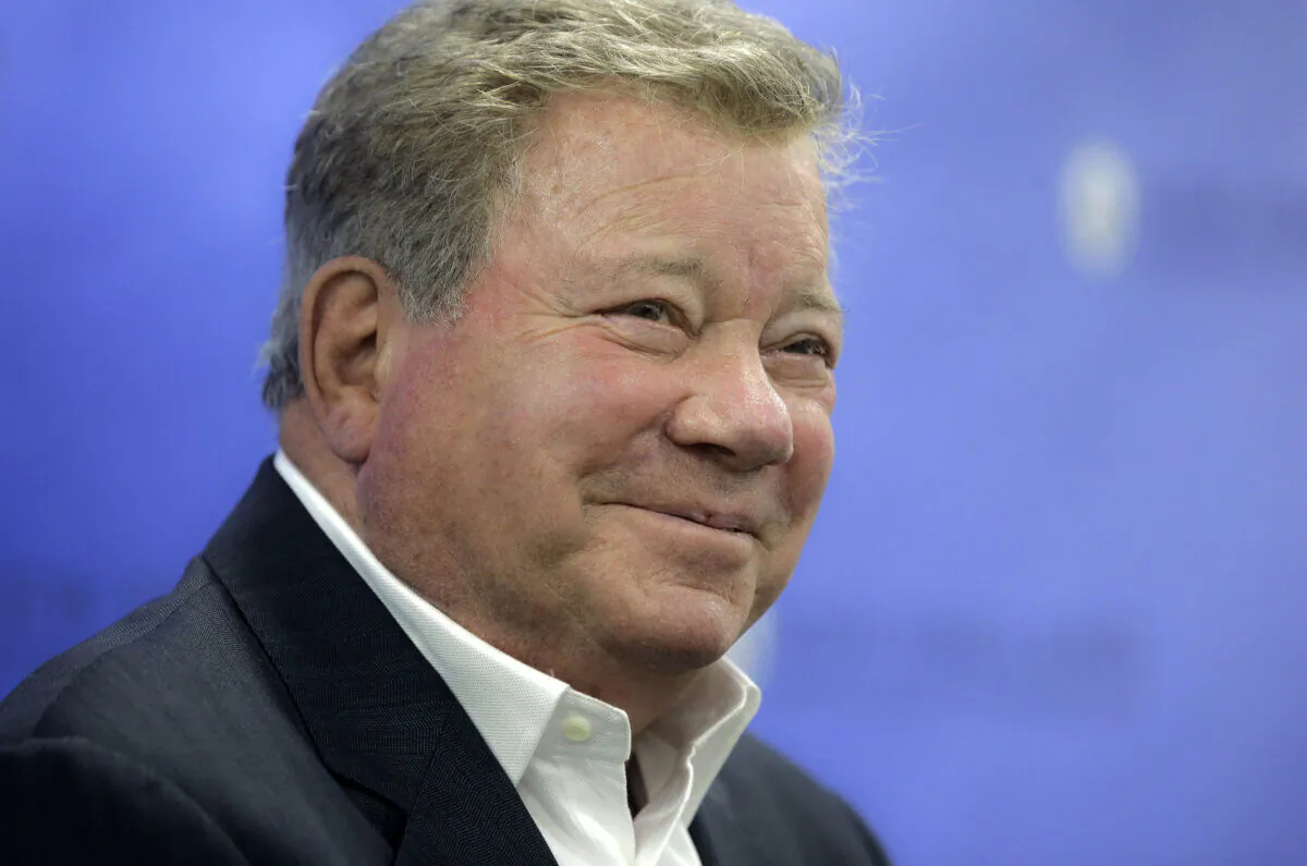Actor William Shatner takes questions from reporters after delivering the commencement address at New England Institute of Technology graduation ceremonies, in Providence, R.I., on May 6, 2018. (Steven Senne/AP Photo)