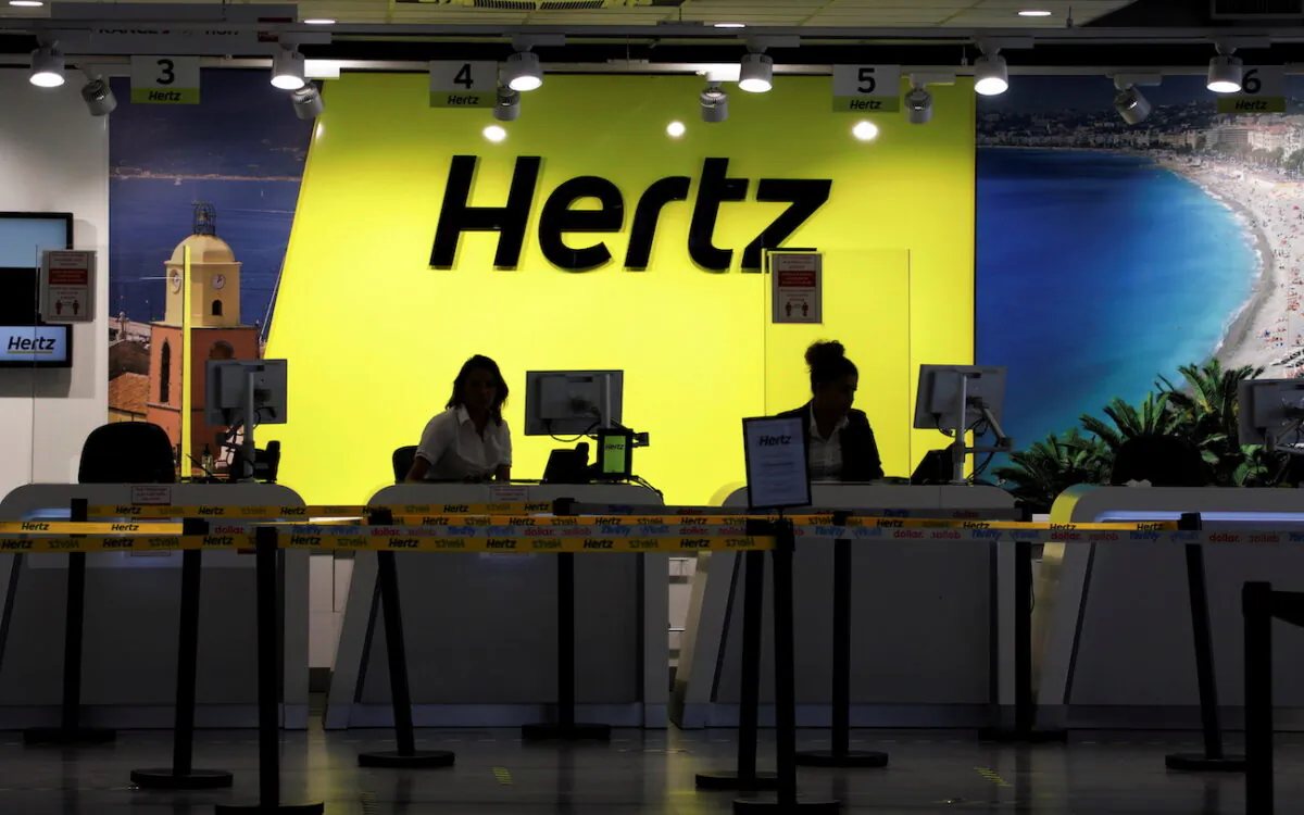 The desk of car rental company Hertz is seen at Nice International airport in Nice, France, on May 27, 2020. (Eric Gaillard/Reuters)
