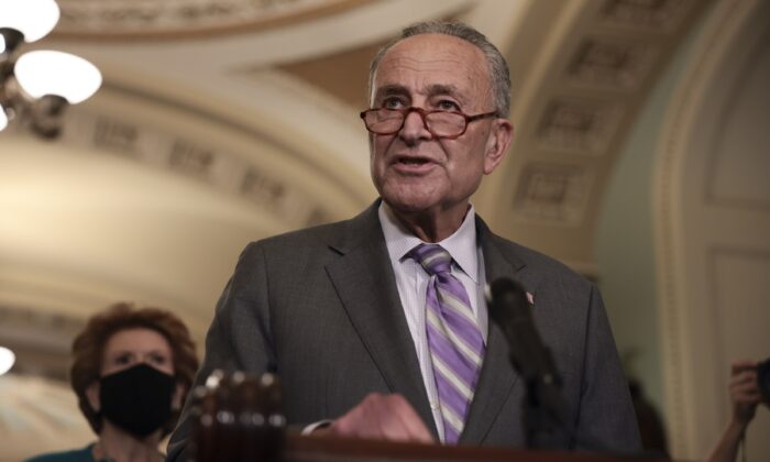 Senate Majority Leader Chuck Schumer (D-N.Y.) holds a press conference at the U.S. Capitol in Washington, D.C., on Oct. 5, 2021. (Anna Moneymaker/Getty Images)
