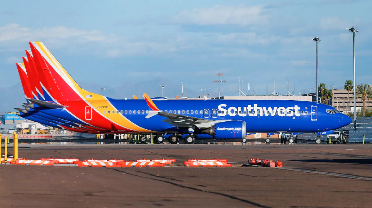 A group of Southwest Airlines Boeing 737 MAX 8 aircraft sit on the tarmac at Phoenix Sky Harbor International Airport in Phoenix, Ariz., on March 13, 2019. (Ralph Freso/Getty Images)