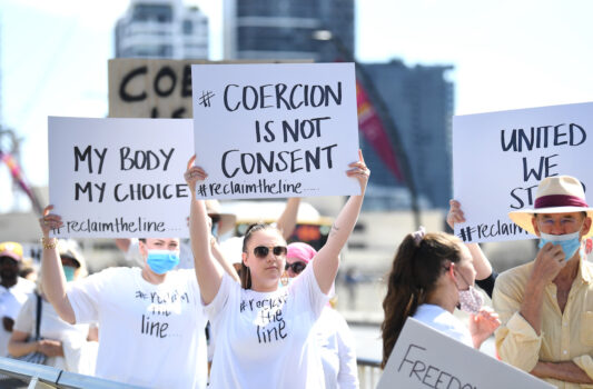 Protesters rally against compulsory COVID-19 vaccination of Brisbane workers