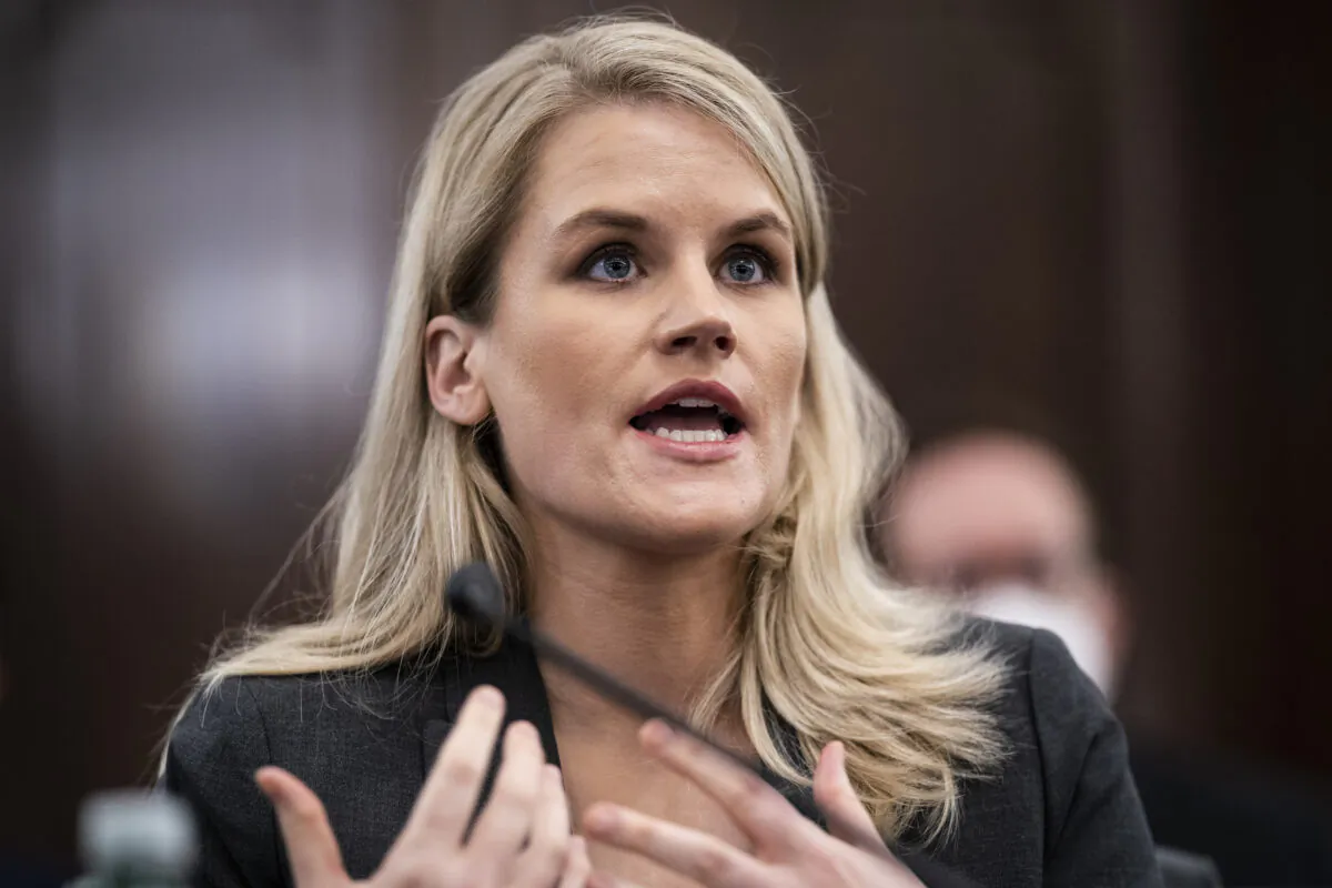 Former Facebook employee and whistleblower Frances Haugen testifies during a Senate Committee on Commerce, Science, and Transportation hearing entitled "Protecting Kids Online: Testimony from a Facebook Whistleblower" on Capitol Hill in Washington on Oct. 5, 2021. (Jabin Botsford/Pool via Getty Images)