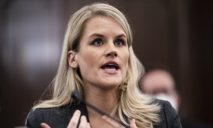 Former Facebook employee and whistleblower Frances Haugen testifies during a Senate Committee on Commerce, Science, and Transportation hearing entitled "Protecting Kids Online: Testimony from a Facebook Whistleblower" on Capitol Hill in Washington on Capitol Hill on Oct. 5, 2021. (Jabin Botsford/Pool via Getty Images)