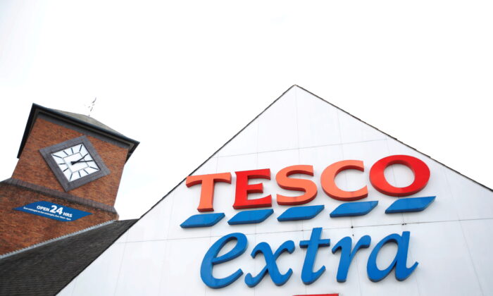A logo of Tesco is pictured outside a Tesco supermarket in Hatfield, Britain, on Oct. 6, 2020. (Peter Cziborra/Reuters)