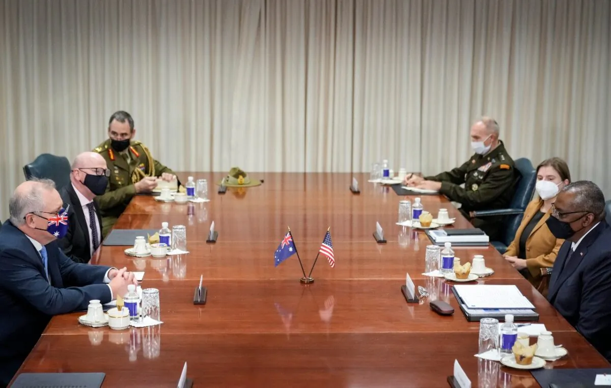 Prime Minister of Australia Scott Morrison (left) and U.S. Secretary of Defense Lloyd Austin (right) attend a meeting at the Pentagon in Arlington, Virginia, on Sept. 22, 2021. (Drew Angerer/Getty Images)