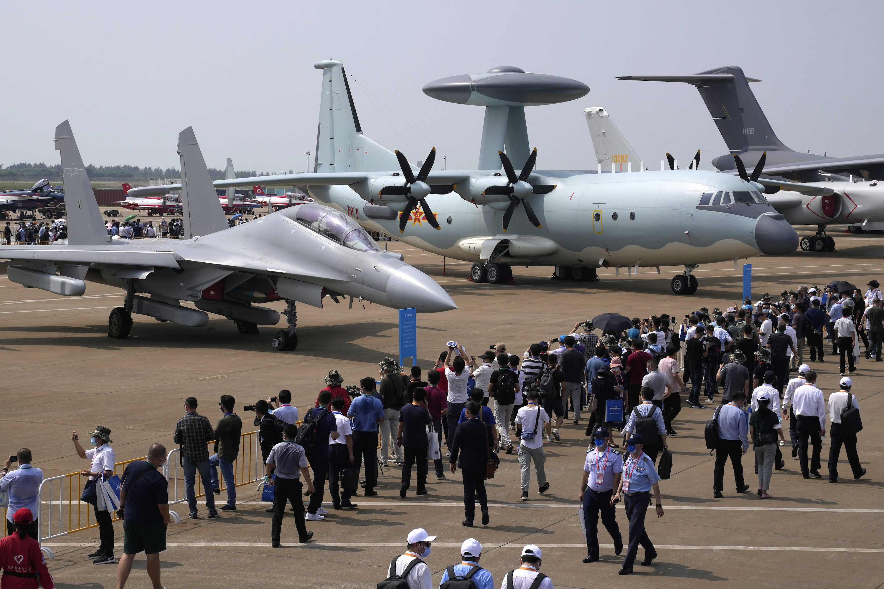 Visitors look at the Chinese military’s J-16D electronic warfare airplane