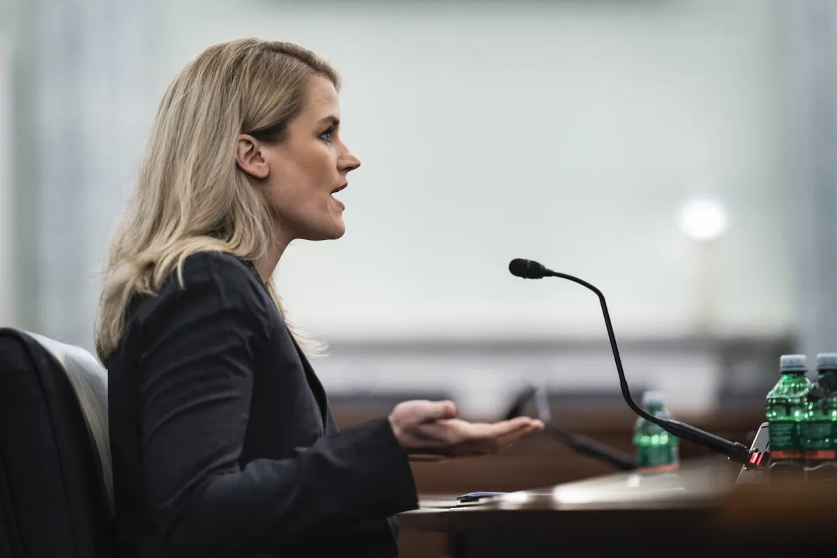 Former Facebook employee Frances Haugen testifies during a Senate Committee on Commerce, Science, and Transportation hearing entitled 'Protecting Kids Online: Testimony from a Facebook Whistleblower' on Capitol Hill in Washington, D.C., Oct. 5, 2021. (Jabin Botsford-Pool/Getty Images)