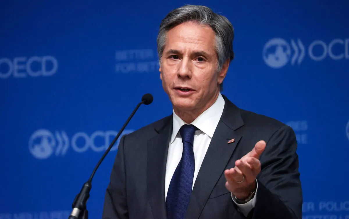 Secretary of State Antony Blinken speaks during a closing press conference with the secretary-general of the Organization for Economic Cooperation and Development (OECD) at the 60th OECD Ministerial Council Meeting in Paris on Oct. 6, 2021. (Ian Langston/POOL/AFP via Getty Images)
