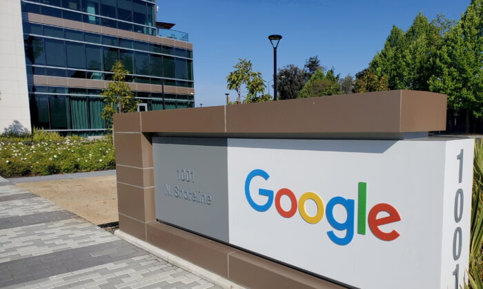 A sign is pictured outside a Google office near the company's headquarters in Mountain View, California, on May 8, 2019. (Paresh Dave/Reuters)