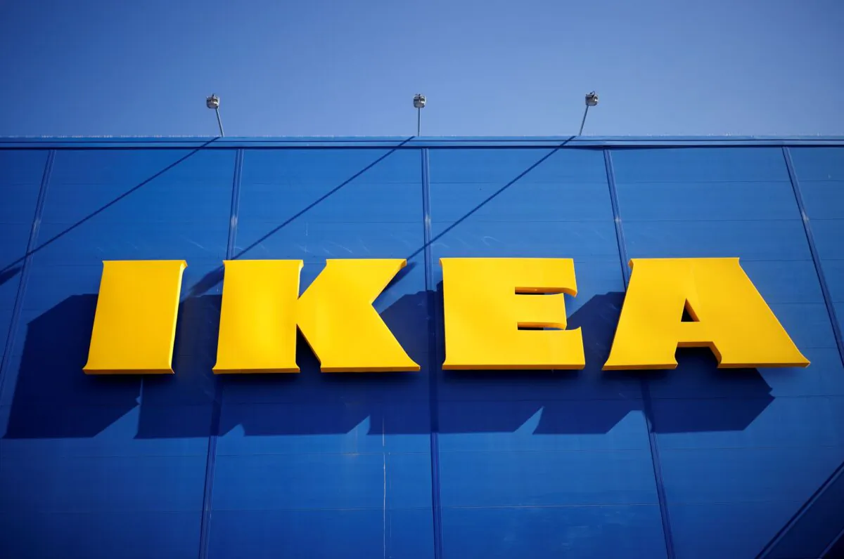 The company’s logo is seen outside of an IKEA Group store in Saint-Herblain near Nantes, France, on March 22, 2021. (Stephane Mahe/Reuters)