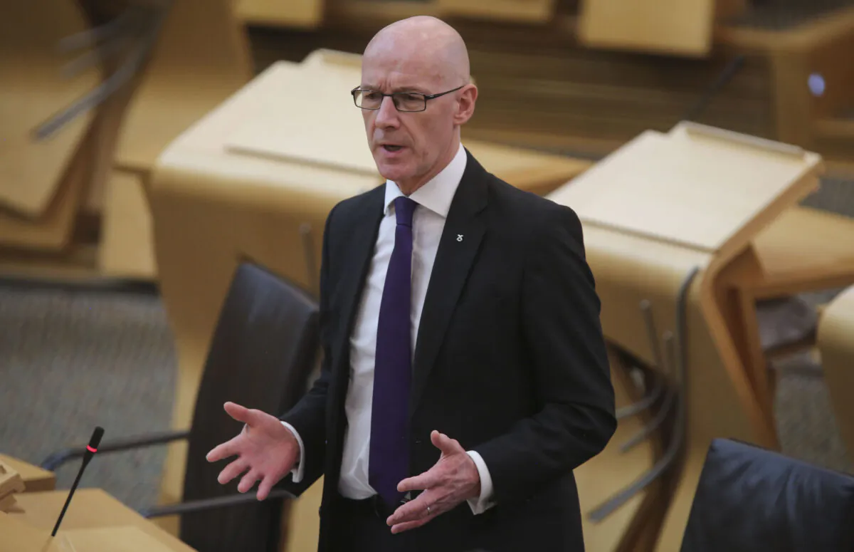 Deputy First Minister John Swinney during a debate about coronavirus vaccine passports, at the Scottish Parliament in Edinburgh, UK, on Sept. 29, 2021. (Fraser Bremner/Scottish Daily Mail/PA)