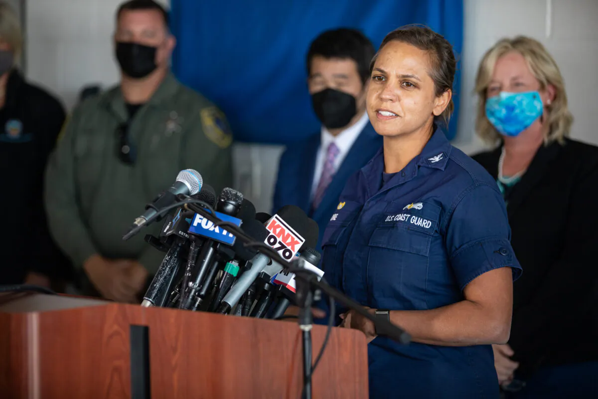 Capt. Rebecca Orr updates the media on the oil spill impacting Orange County beaches in Huntington Beach, Calif., on Oct. 6, 2021. (John Fredricks/The Epoch Times)