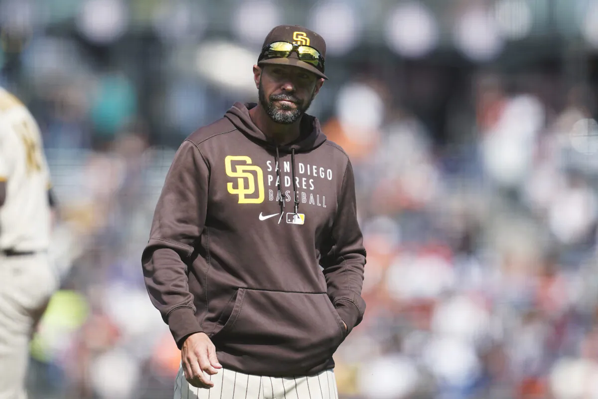 San Diego Padres manager Jayce Tingler walks to the dugout after making a pitching change during the sixth inning of his team’s baseball game against the San Francisco Giants in San Francisco on Sept. 16, 2021. (AP Photo/Jeff Chiu)