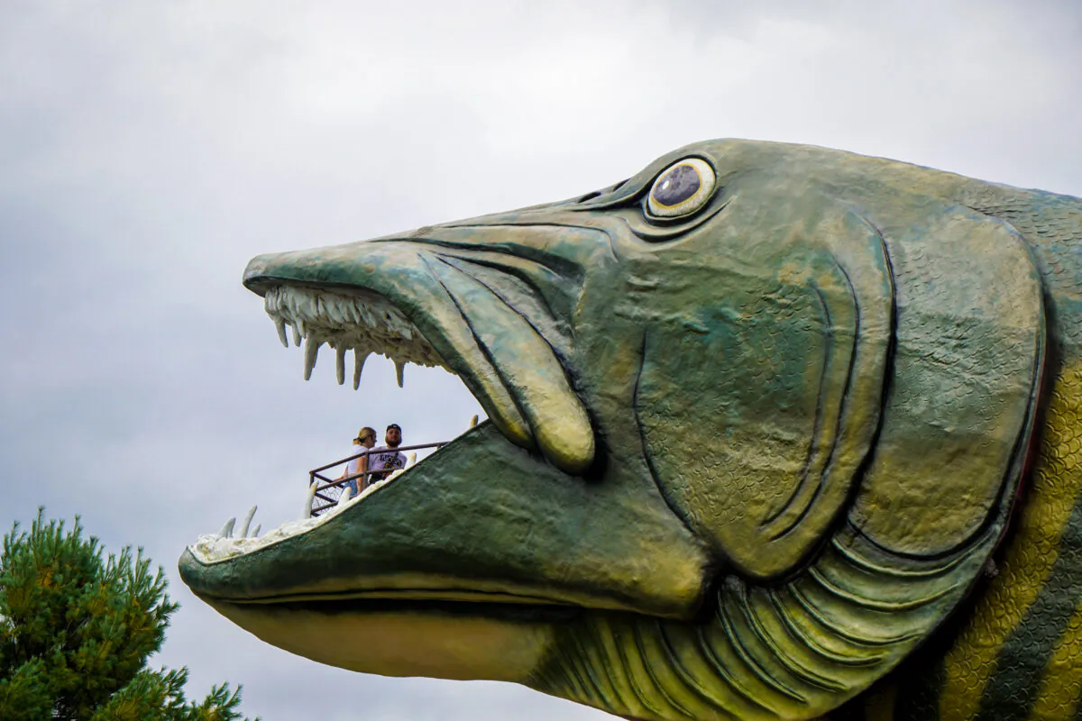 People stand in the mouth of the Giant Muskie statue at the Fishing Hall of Fame in Hayward, Wis., on Sept. 20, 2021. JACKSON ELLIOTT/The Epoch Times