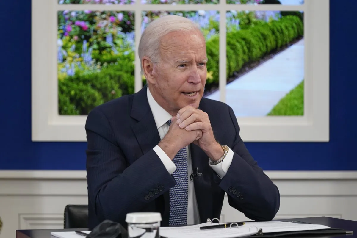 President Joe Biden speaks during a meeting with business leaders about the debt limit in the South Court Auditorium in the Eisenhower Executive Office Building in Washington on Oct. 6, 2021. (Evan Vucci/AP Photo)