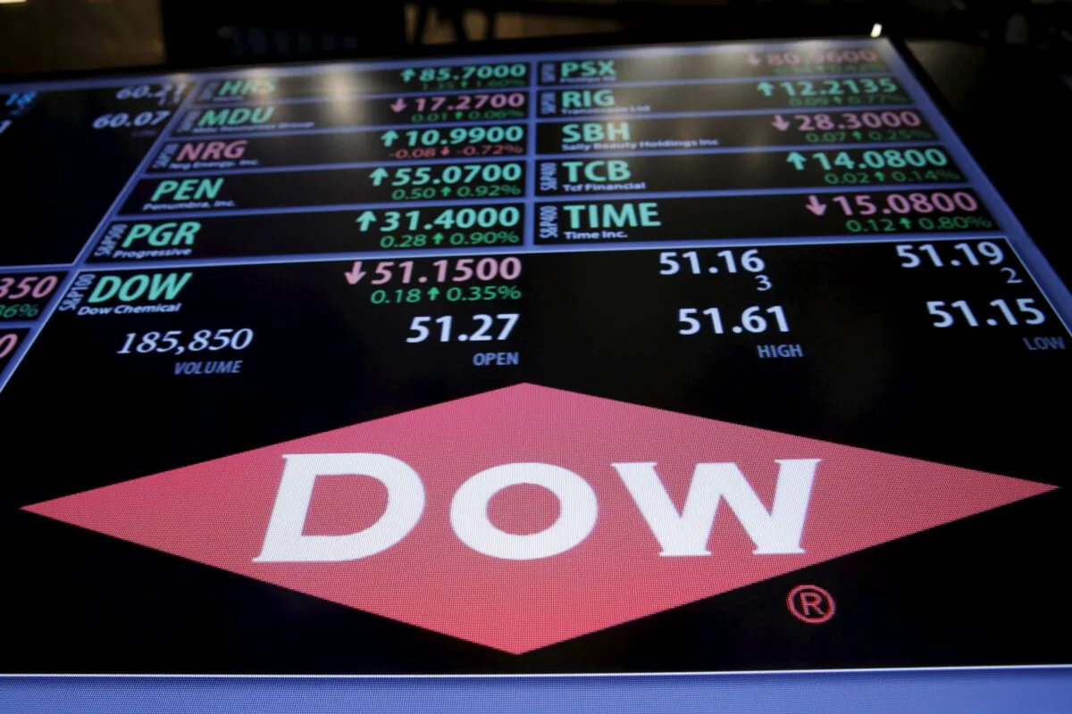 The Dow Chemical logo is displayed on a board above the floor of the New York Stock Exchange shortly after the opening bell in New York on Dec. 22, 2015. (Lucas Jackson/Reuters)