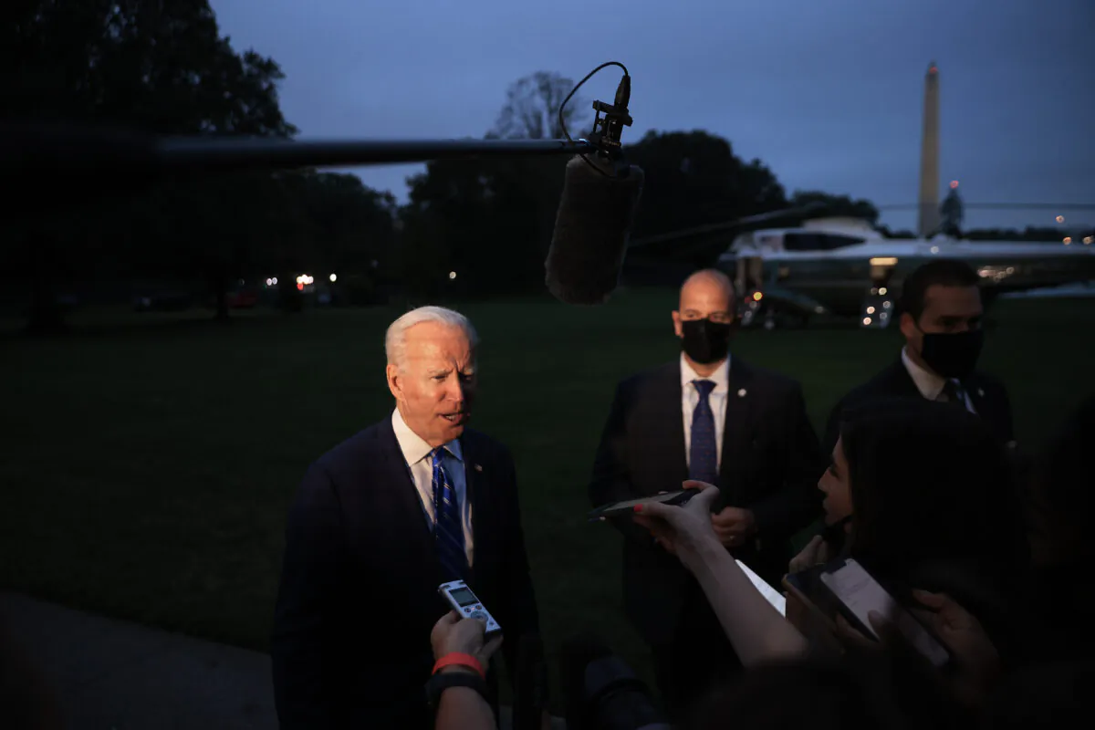 President Joe Biden briefly speaks to reporters about his Build Back Better legislation and Taiwan after returning to the White House in Washington, D.C., on Oct. 5, 2021. (Chip Somodevilla/Getty Images)