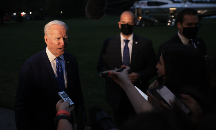 President Joe Biden briefly speaks to reporters about his Build Back Better legislation and Taiwan after returning to the White House in Washington, D.C., on Oct. 5, 2021. (Chip Somodevilla/Getty Images)