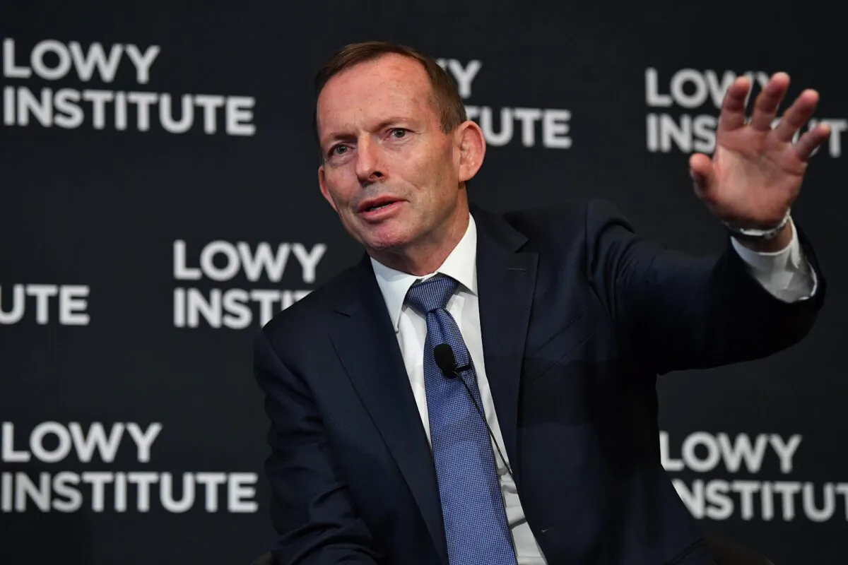 Former Australian prime minister Tony Abbott takes questions after addressing the Lowy Institute in Sydney, Australia, on Nov. 28, 2019. (AAP Image/Joel Carrett) 