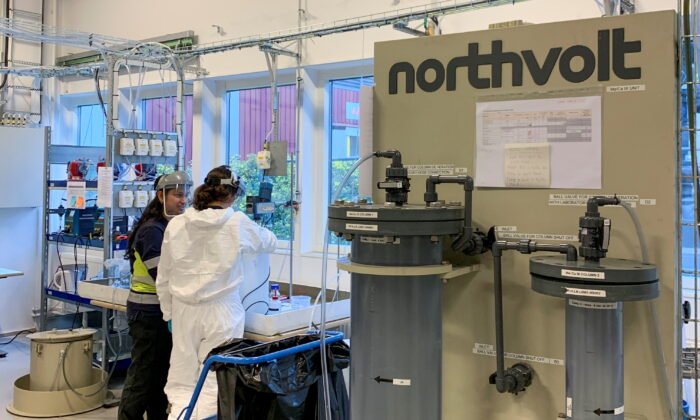 Employees work at the Northvolt facility in Vasteras, Sweden, on Sept. 29, 2021. (Helena Soderpalm/Reuters)