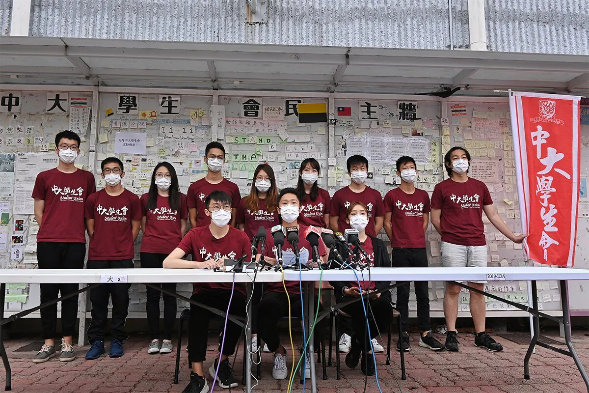 The newly elected student committee of Chinese University announced their resignation at press conference in Hong Kong on March 1, 2021. (Song Pi-lung/The Epoch Times)