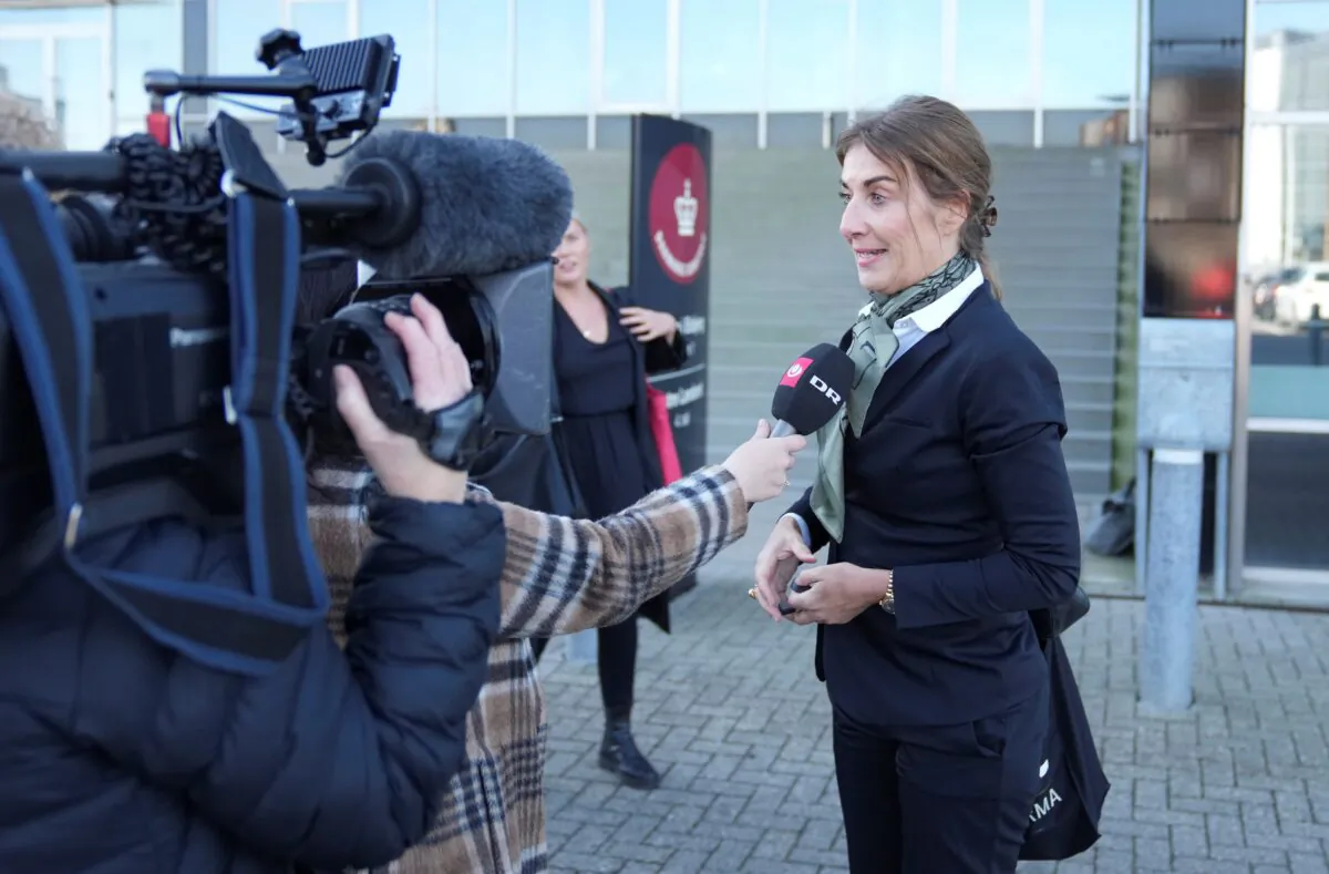 Attorney Mette Grith Stage, who represents one of three women that have been repatriated to Denmark from Syria, speaks with the media as she arrives for a hearing at a court in Esbjerg, Denmark, on Oct. 7, 2021. (Claus Fisker/Ritzau Scanpix/via Reuters)
