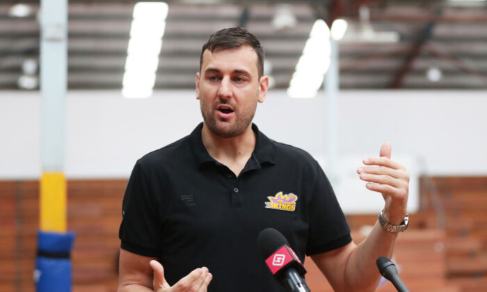 Andrew Bogut speaks to the media during a Sydney Kings NBL press conference at Auburn Basketball Centre in Sydney, Australia on Mar. 20, 2020. (Matt King/Getty Images)