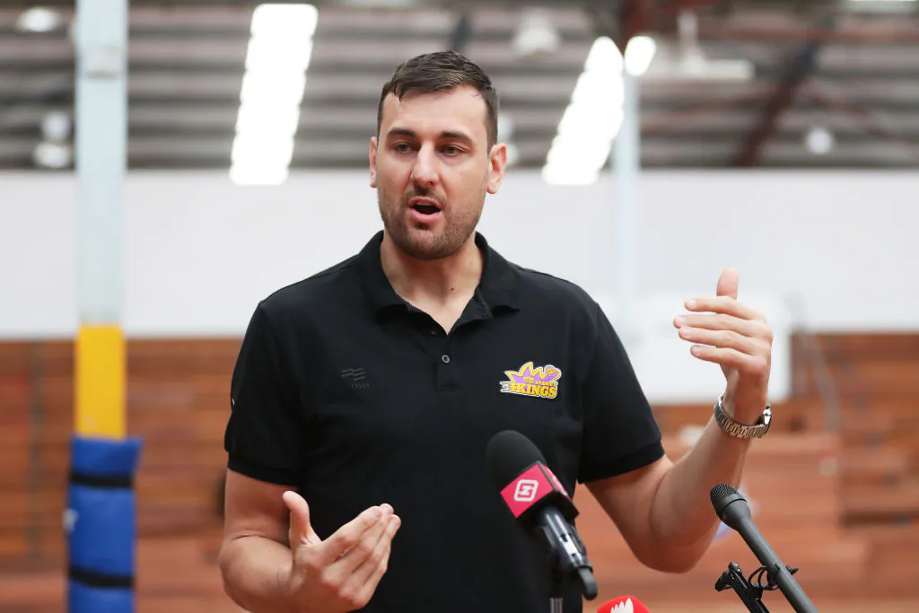 Andrew Bogut speaks to the media during a Sydney Kings NBL press conference at Auburn Basketball Centre in Sydney, Australia on Mar. 20, 2020. (Matt King/Getty Images)