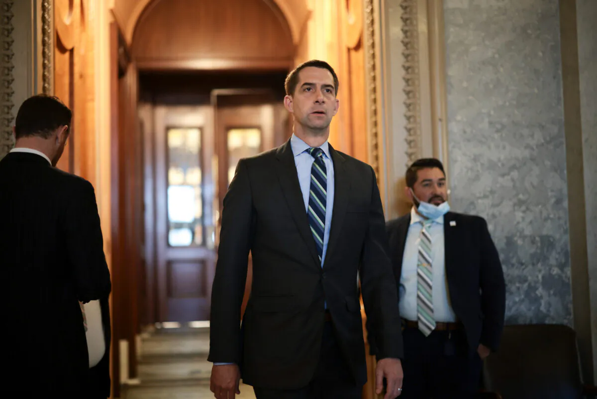 Sen. Tom Cotton (R-Ark.) departs from the Senate Chambers during a series of votes in the U.S. Capitol Building in Washington on Oct. 6, 2021. (Anna Moneymaker/Getty Images)