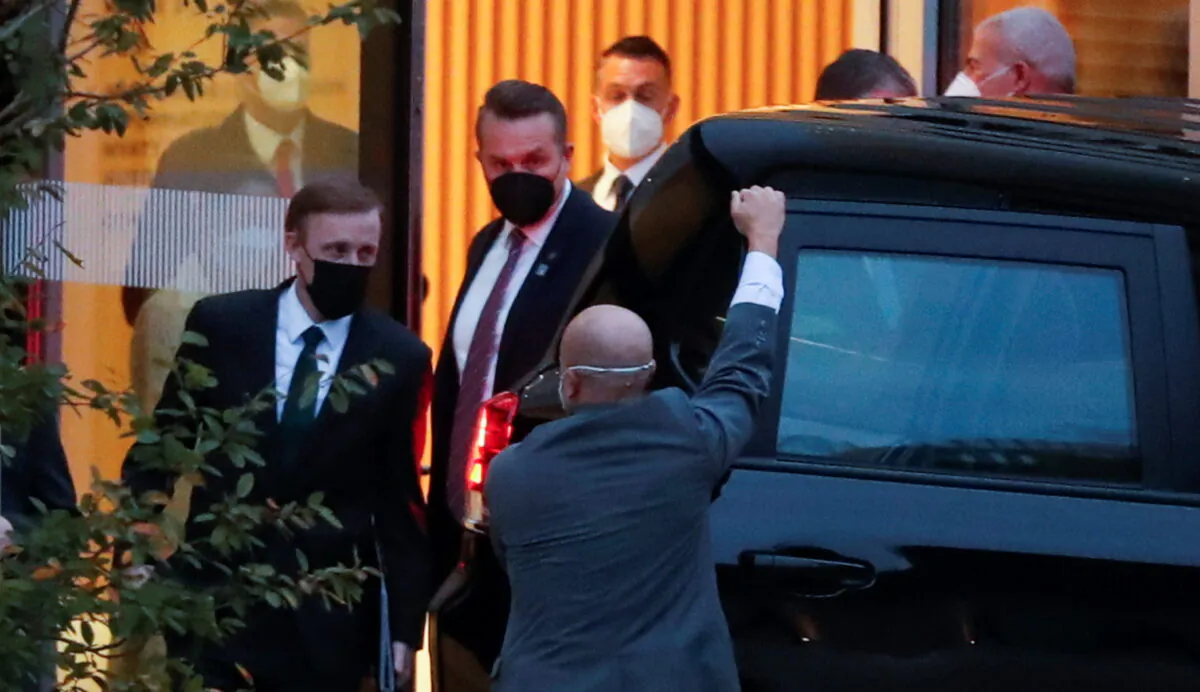 U.S. National Security Adviser Jake Sullivan leaves from the Hyatt Regency Zurich Airport hotel, in Zurich, Switzerland, on Oct. 6, 2021. (Arnd Wiegmann/Reuters)