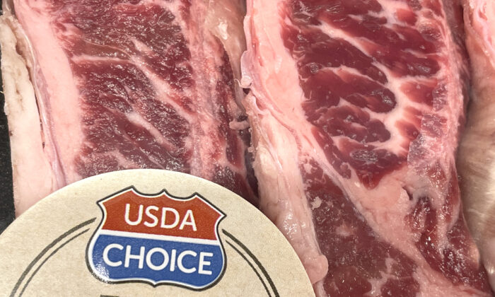 A package of USDA Choice beef is displayed on a shelf at a Safeway store in San Francisco, California, on Oct. 4, 2021. (Justin Sullivan/Getty Images)